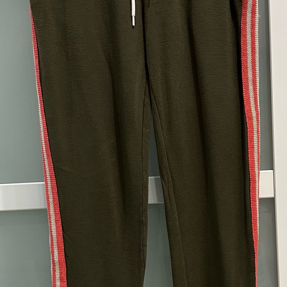 Monrow Olive Green Track Pants with Salmon and Light Beige Stripe